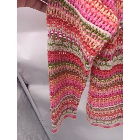 Norm Thompson Vintage Pink Green Red Striped Open Knit Crocheted Cardigan Size M - Picture 4 of 7